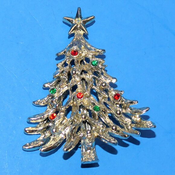 Vintage TANCER II Christmas Tree Brooch Pin Holiday Xmas Rhinestone Gold Tone - Picture 2 of 7